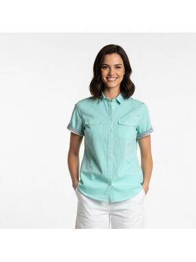 ANTHROPOLOGIE Paper Denim & Cloth Turquoise Button Front Shirt with Stretch Sz L